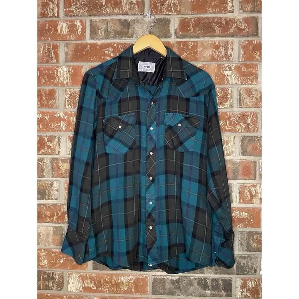 VTG Plaid Pearl Snap Button Front Long Sleeve Size Large Western Cowboy Colorful